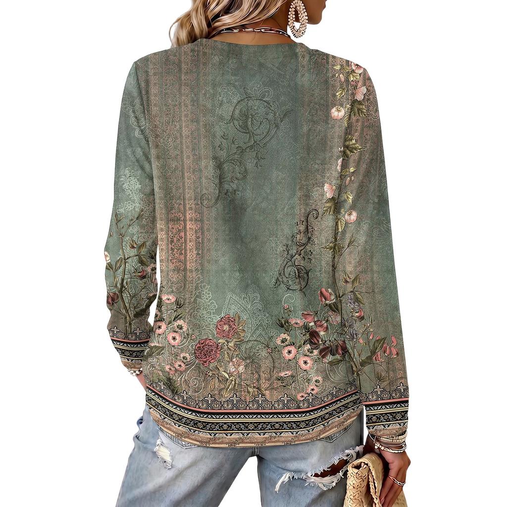 Women's V-Neck Long Sleeve Print Blouse Lightweight for Spring Summer