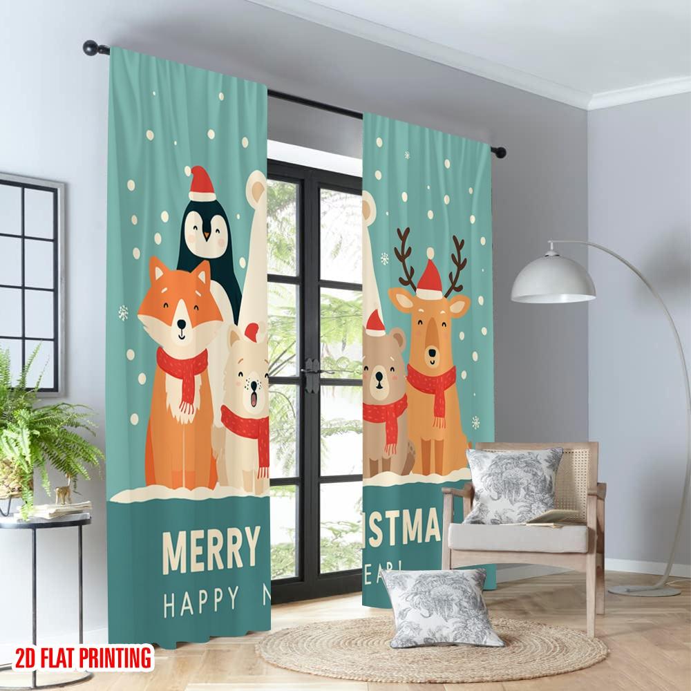 2pcs 2D flat printing Fashionable Christmas Curtains Cute Christmas Animals Merry New Year Digital Printed Polyester Drapes