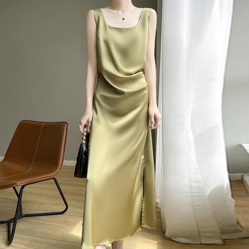 

Летний французский внутренний пояс жилет на подтяжках юбка ацетатный атлас высококлассный квадратный воротник атласное платье для женщин M