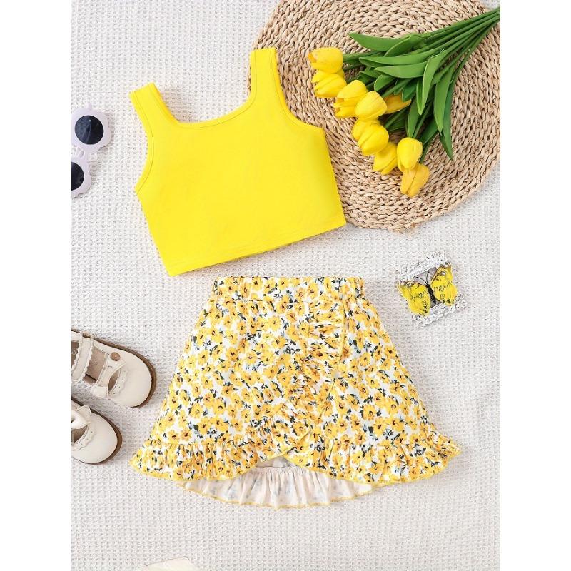2026 Summer Girls Fashionable Sleeveless Vest Top Ruffled Decoration Casual Skirt Suit