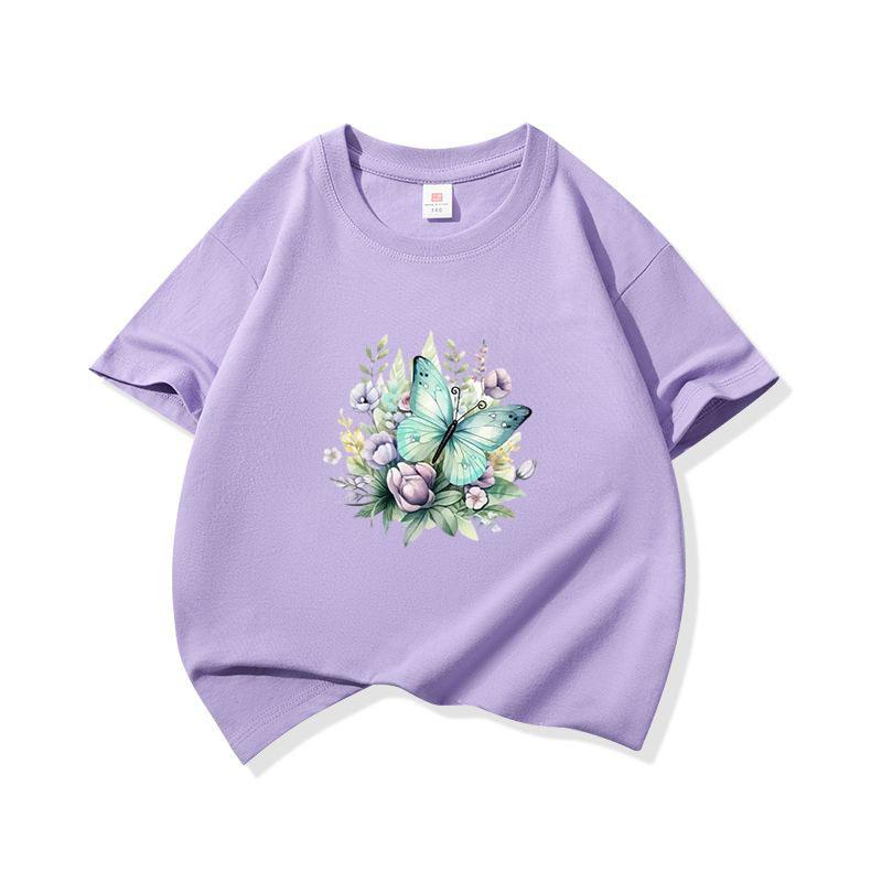 Kids Cotton T Shirt Mint Butterfly With Purple Flowers Print Crew Neck Short Sleeve Tee Casual Boys Girls Summer Tops