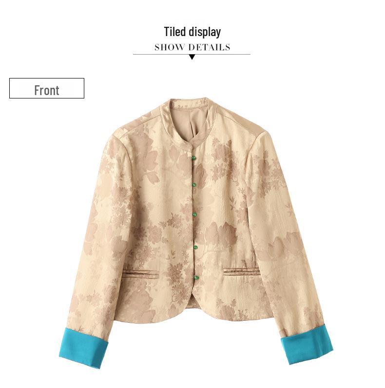 Spring 2025 Women's Slim Fit Colorblock Jacquard Jacket with Chinese Stand Collar & Retro Frog Buttons 