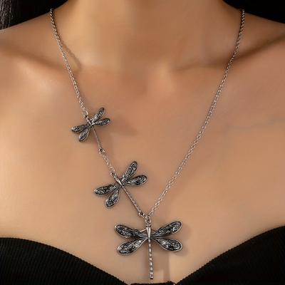 Vintage Silver Color Punk Style Chain Dragonfly Pendant Necklace, Women's Personalized Y2k Holiday Accessory Jewelry