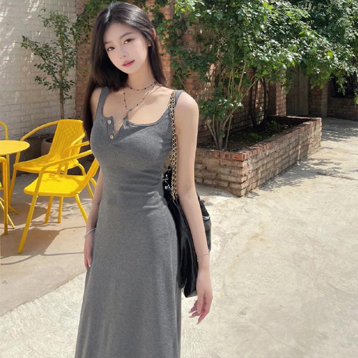 2026 Gray Suspender Dress Women's Summer Texture Slim and Thin Pear-shaped Figure Hip-wrapped Long Skirt