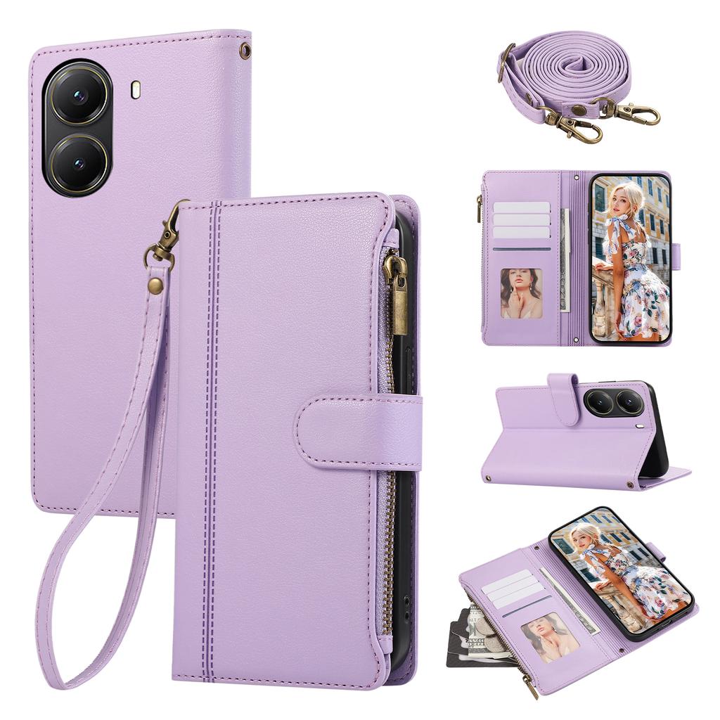 Για Xiaomi Poco X7 Pro 5G/Redmi Turbo 4 5G Θήκη Πολλαπλών Υποδοχών Καρτών Δερμάτινη Θήκη Τηλεφώνου με Φερμουάρ με Λουράκι Ώμου/Λουράκι Καρπού