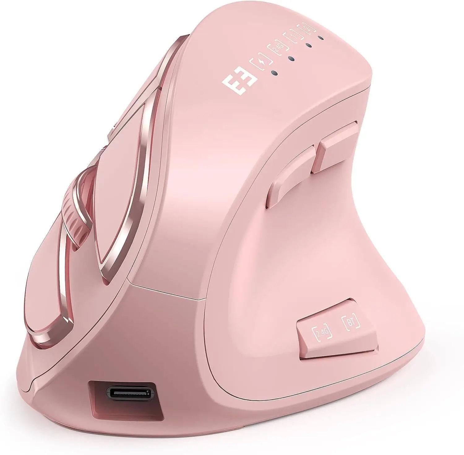 

Бездротова вертикальна миша Bluetooth, USB 2,4 ГГц, перезаряджається, ергономічна, сумісна з ноутбуками та настільними ПК, безшумна для використання в офісі. рожевий