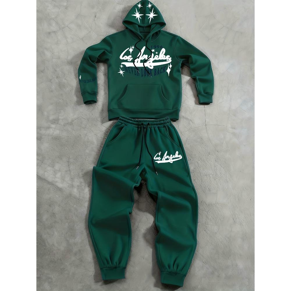 Men's Casual Two Piece Set, Featuring a Printed Hoodie with Letter Patterns and Drawstring Outdoor Casual Sports Pants, Suitable for Travel