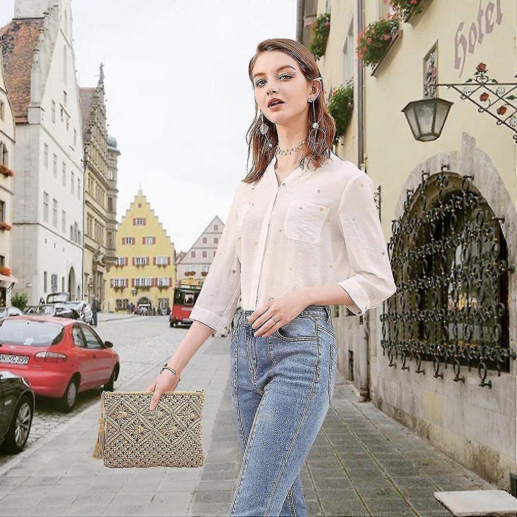 Straw Clutch Purse, Women Wristlet Clutch Handbag Envelope Bag Large Wallet Summer Beach Bag