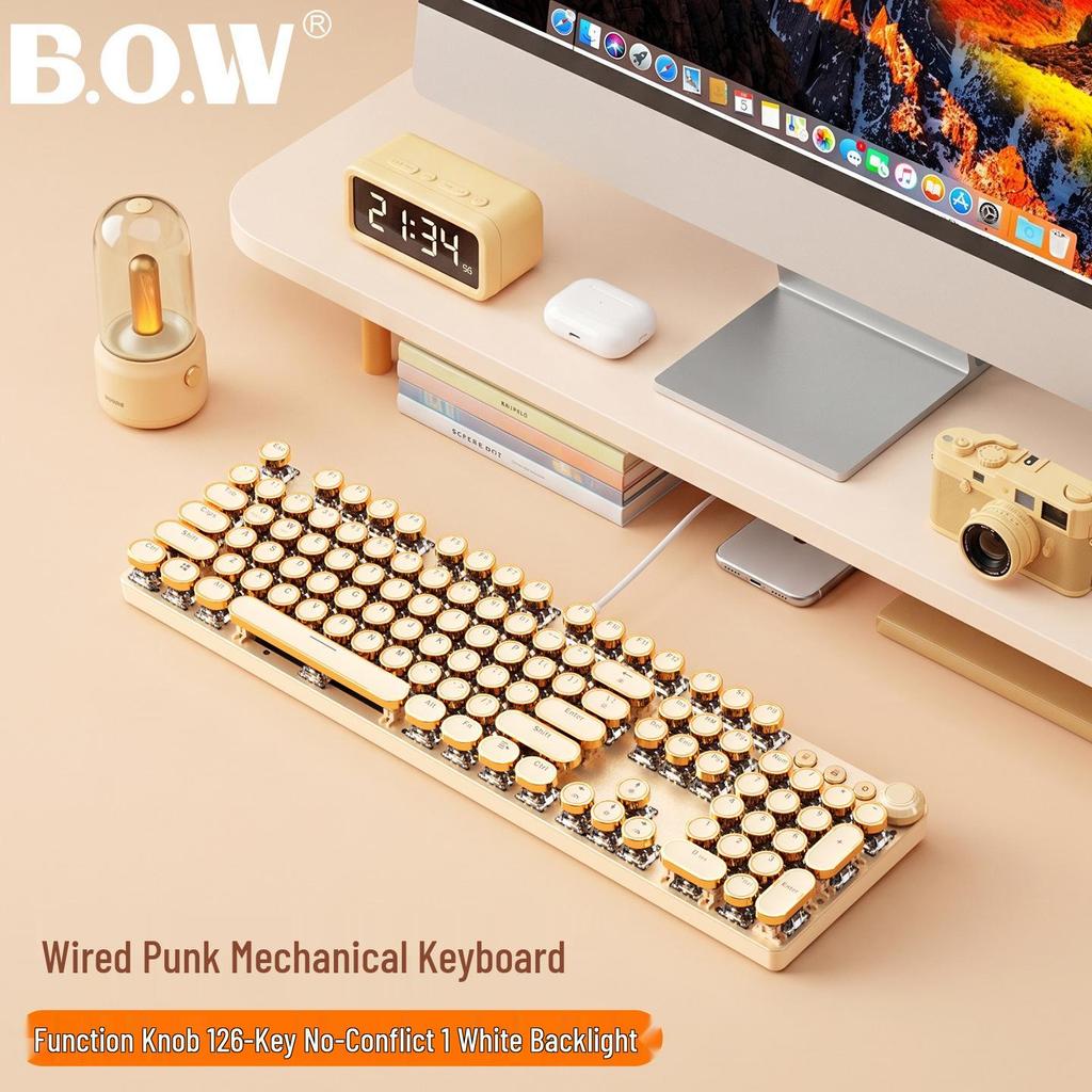 BOW Hangshi G9 Punk Retro Wired Mechanical Keyboard with Round Keycaps for Office and Desktop Computers