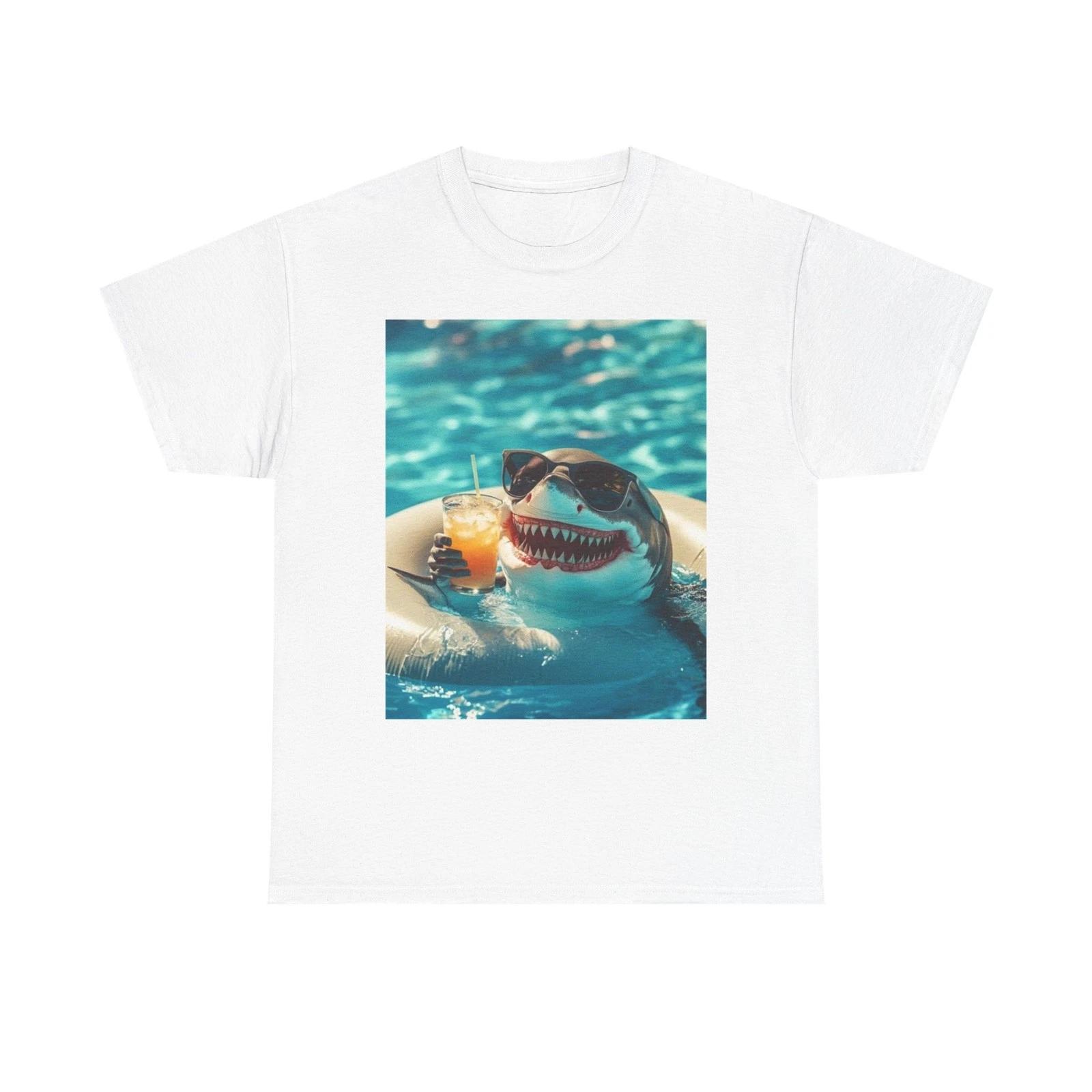 Shark On Vacation Funny Graphic T-Shirt Unisex Heavy Cotton Tee NEW S