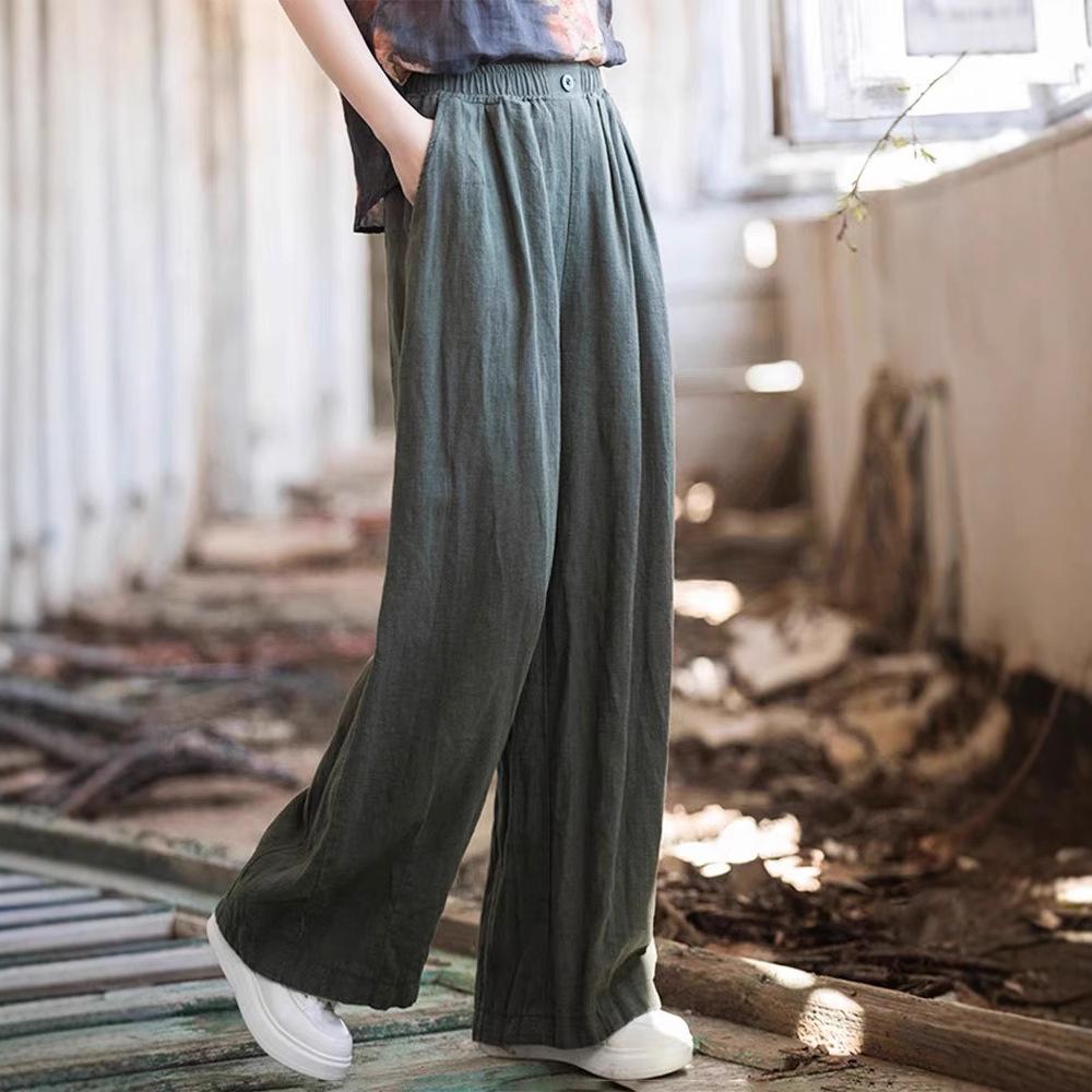 Solid Color Cotton and Linen Wide-leg Casual Pants Women's Spring and Summer 2025 New Loose Age-reducing Elastic Waist Retro Floor-mopping Trousers