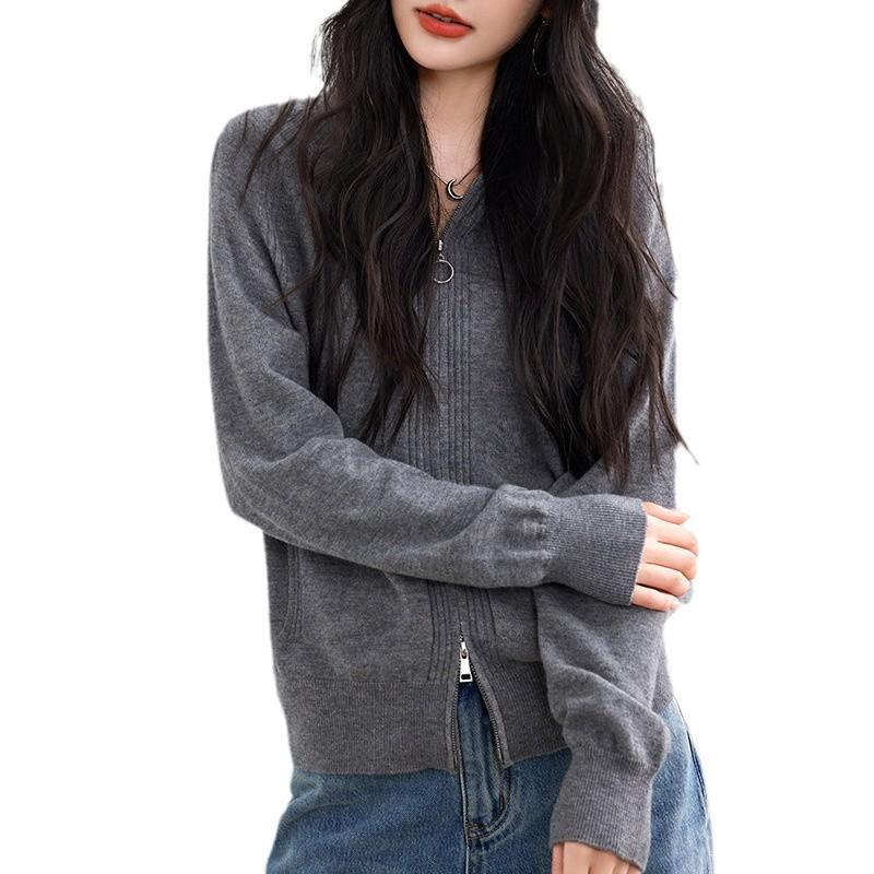 Gray Knitted Cardigan Jacket for Women In Autumn and Winter New Double Zipper Hooded Sweatshirt Casual Sports Hoodie