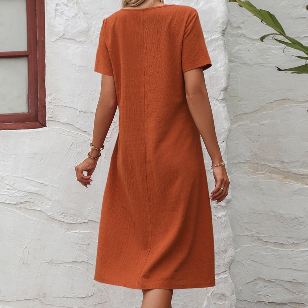 Summer Women's Cotton Linen Solid Colour Loose Round Neck Short Sleeve Dresses