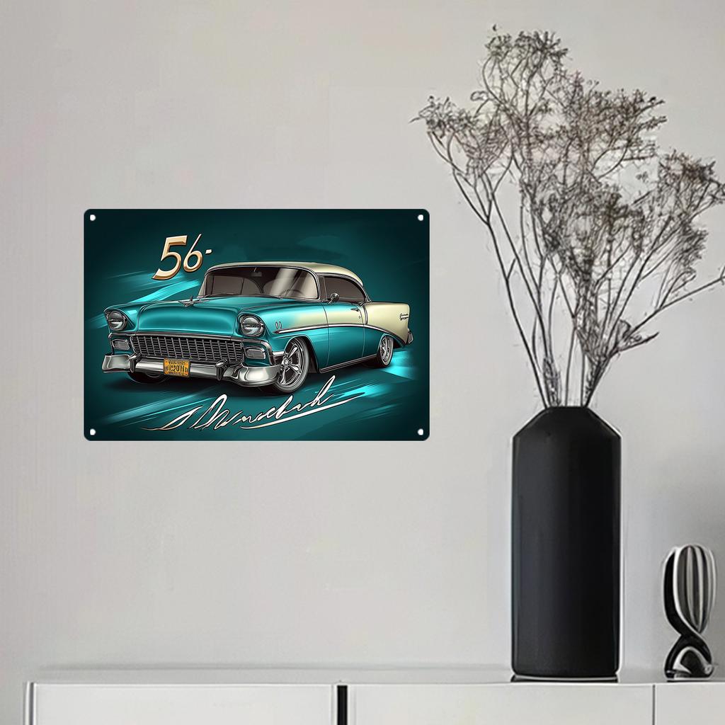 2D flat Wooden 30*20cm Vintage 1956 Desperate Enterprises Sign Teal and White Classic Car Design with 'MINDDRIFT' Artistic, Wall Decoration, Suitable