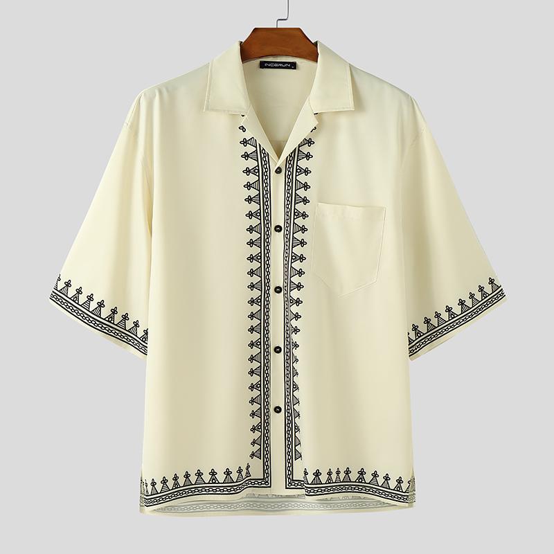 

INCERUN Men Oversized Lapel Neck Half Sleeve Print Casual Loose Shirts Tops S абрикосовый