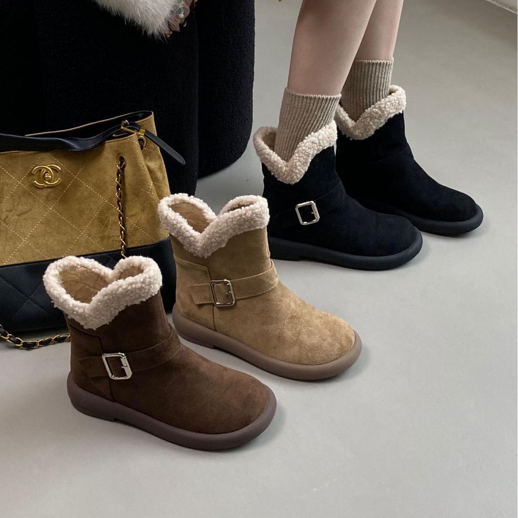 2025 autumn and winter new round head thick-soled fluffy snow boken outer wear one word with matte thick-soled warm short boots women