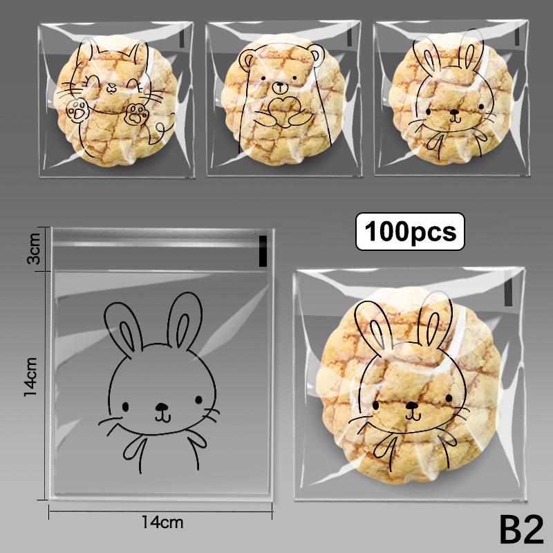 

100 шт. Прозрачные самоклеящиеся пакеты для конфет и подарков, милые животные (кролик, кошка, медведь), для хлеба, тостов, печенья, выпечки, упаковочные пакеты, принадлежности