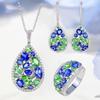 Monet'S Garden Treasure Set, Sapphire Tsavorite Diamond Pendant, Open Ring, Long Ear Hook Earrings
