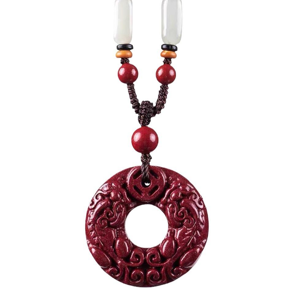 Cinnabar Pixiu Pendant Necklace with Genuine Purple Gold Sand, Hetian Jade, and Safety Buckle. Suitable for Men and Women.