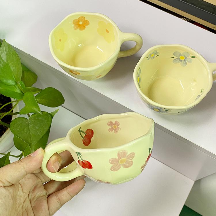 Hand-Pinched Korean Ceramic Mug for Coffee, Milk, Juice, or Breakfast with Floral Design