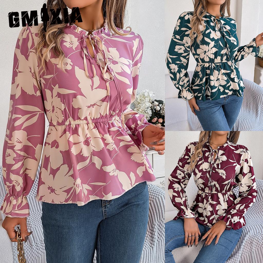 GMXIA Autumn and Winter Casual Flower-tied Long-sleeved Chiffon Blouse for Women