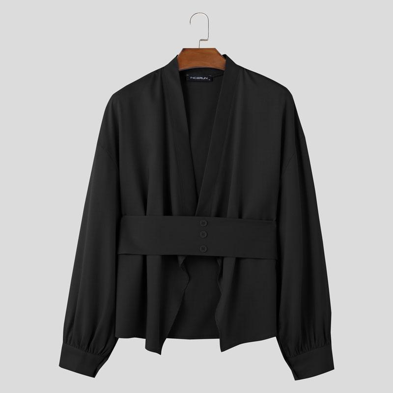 

INCERUN Men Long Sleeve Oblique Placket Back Bandage Casual Loose Shirts 2XL чёрный