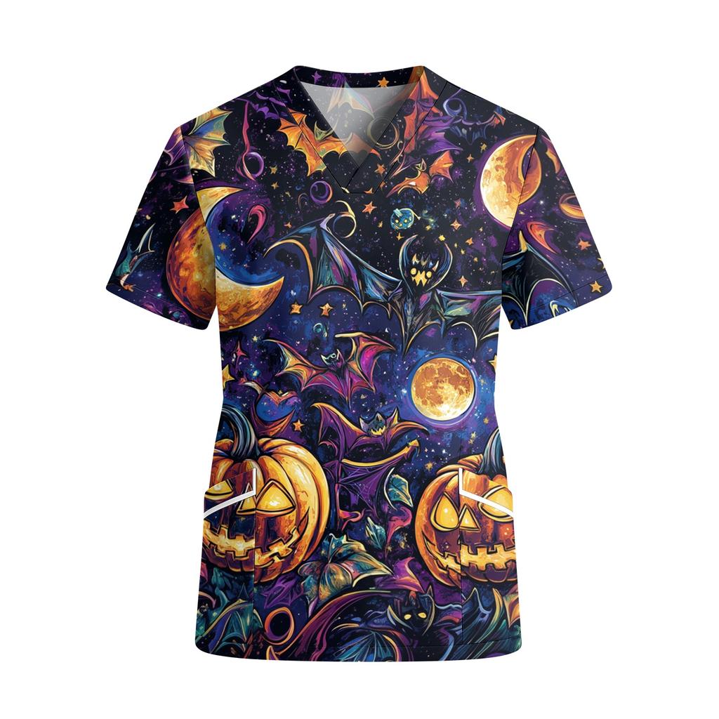 Women's Fashion V Neck Short Sleeve Work Shirt with Pockets Halloween Themed Print Top Suitable for Professional and Casual Wear