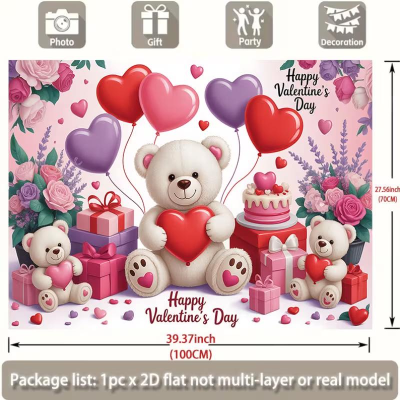 2D Happy Valentine's Day Backdrop, Teddy Bear with Heart & Cake Background