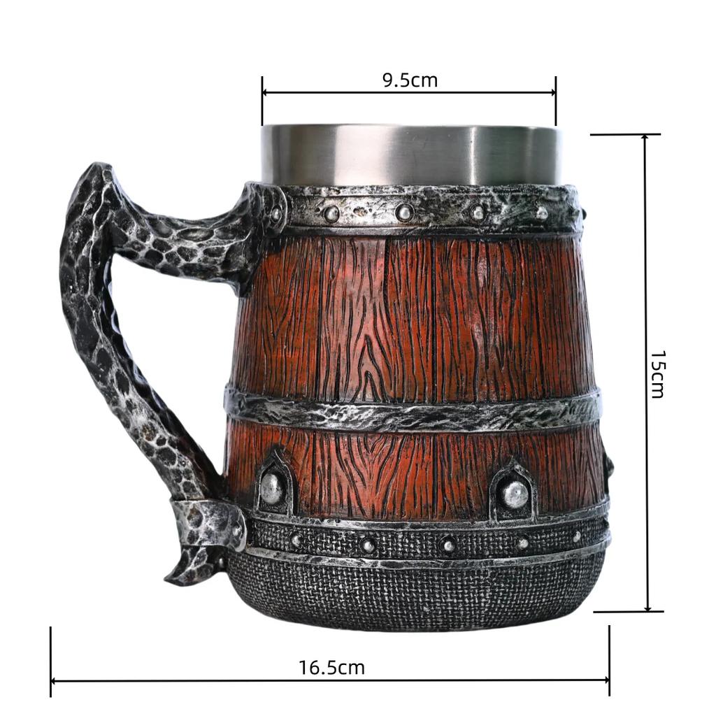 New Viking Imitation Wood Resin Beer Mug Retro Handmade Large-capacity Stainless Steel Liner Wine Glass Beer Jugs Bar Drinkware