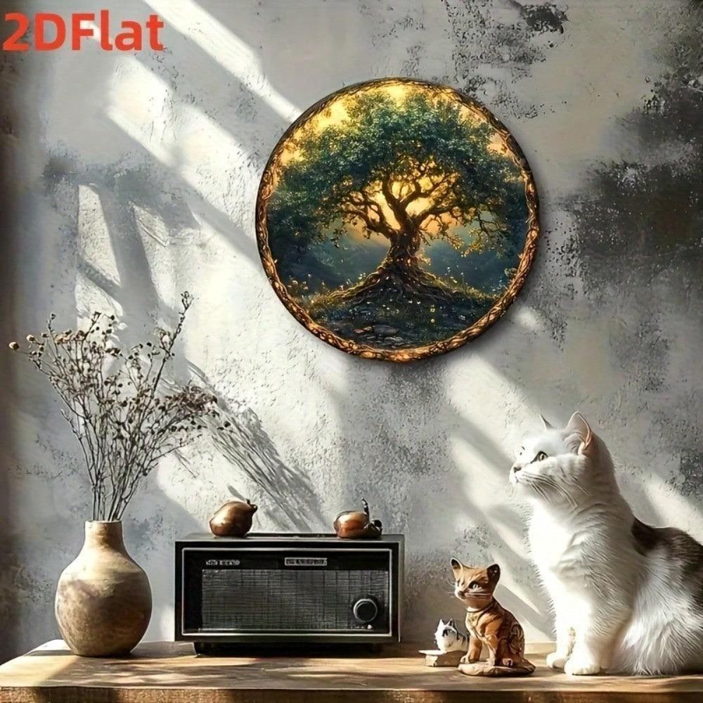 Vintage Tree of Life Wall Art Round 8x8 Inch Mandala Wood Decor Golden Leaves Sunlit Forest Handmade Bohemian Hanging