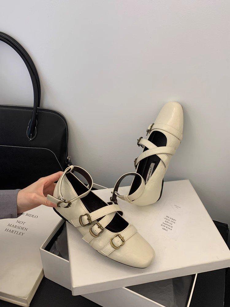 Soft leather version! Retro inner height increase shallow mouth Mary Jane shoes women's design sense cross belt buckle versatile casual single shoes