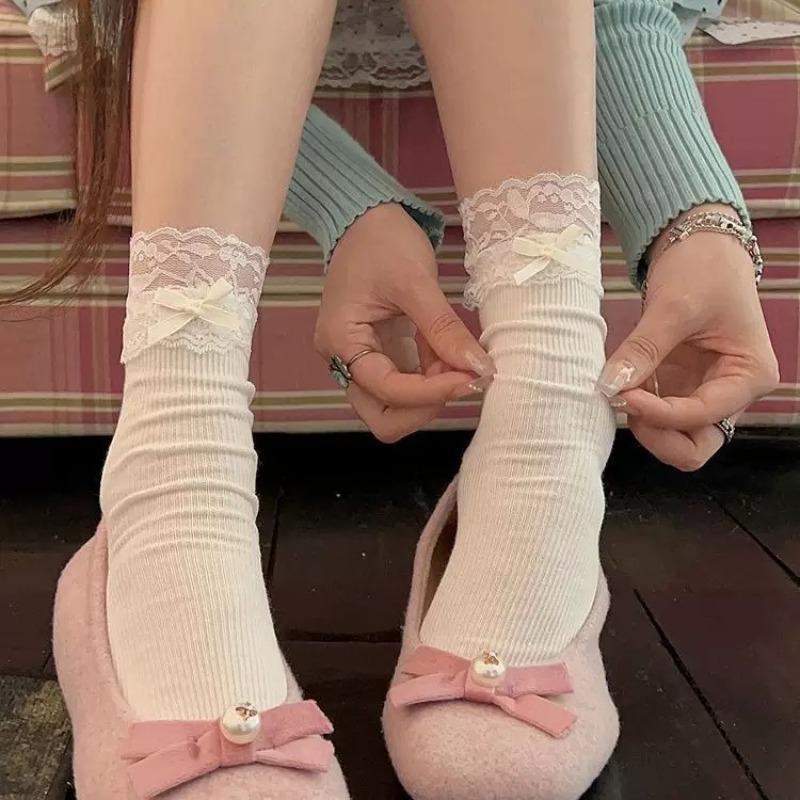 

Носки Лолита в балетном стиле, Кружево, Милые женские носки до середины икры, Универсальный бант, Хлопковые носки, Махровые носки 1 pair