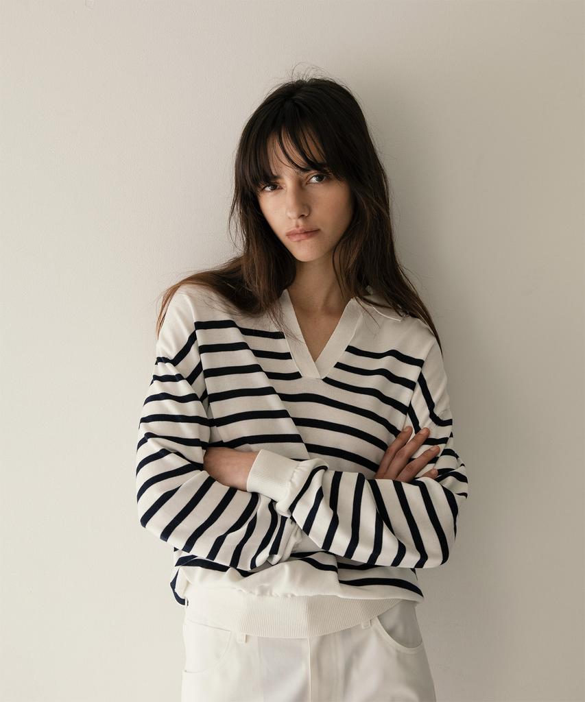 ANOTHER OFFICE WOMEN W. Sailor Silk Open-Collar Knit (White-Navy)