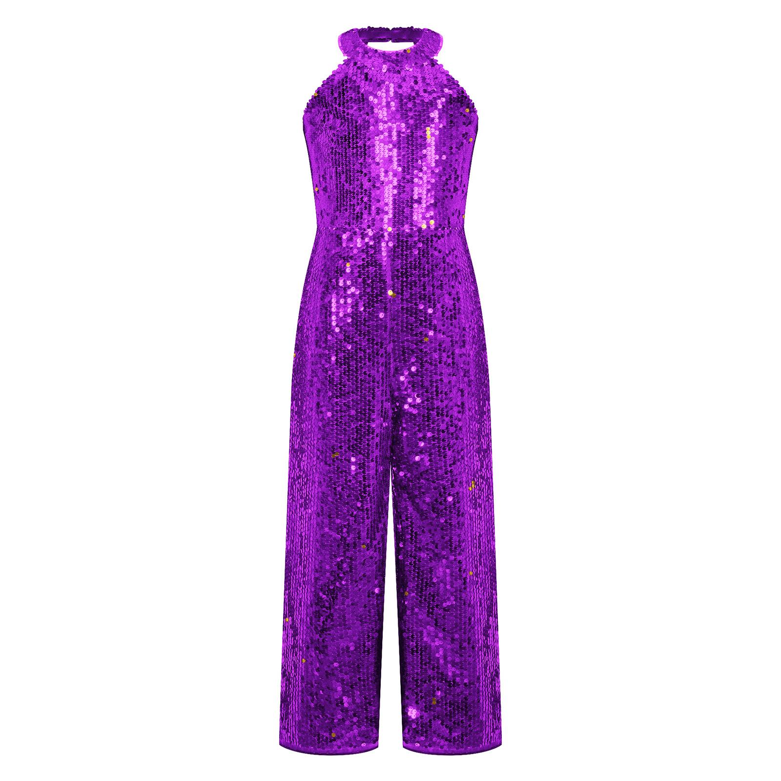 

Girls Sparkling Sequin Jumpsuit Halter Neck Design Strapy Back Sleeveless Wide Leg Pants Romper 5-6 Years фіолетовий