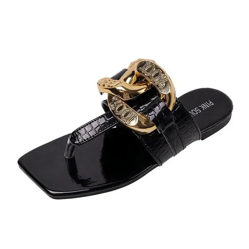 Sexy Shiny Chain Decoration Slippers Women 2026 Summer Lightweight Non-slip Flat Sandals Clip Toe Flip Flops Beach Slide Sandals
