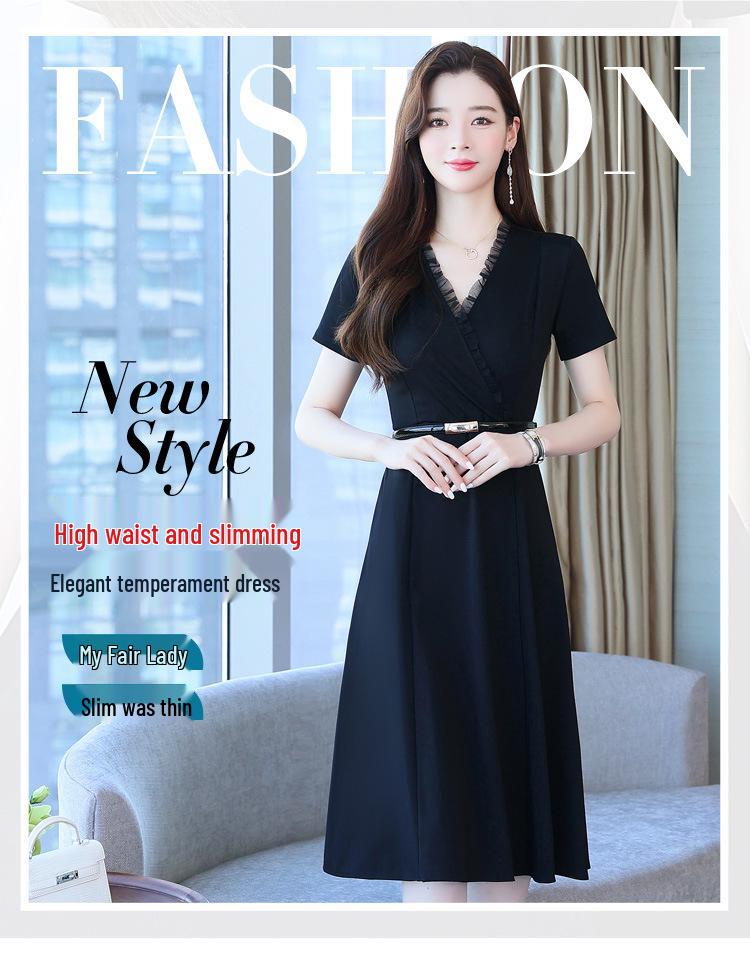 Hepburn-Inspired Slim-Fit Black Knee-Length Dress for Spring/Summer