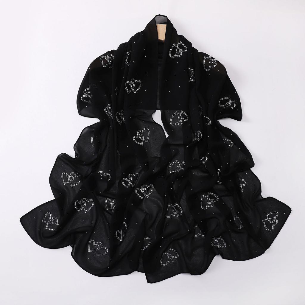Chiffon Long Scarf Double Heart Rhinestone Ethnic Headscarf For Women