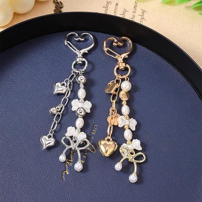 Cute Bowknot Love Heart Keychain Pearl Key Ring Pendants For Women Girls Handbag Decor Diy Handmade Key Chain Gifts