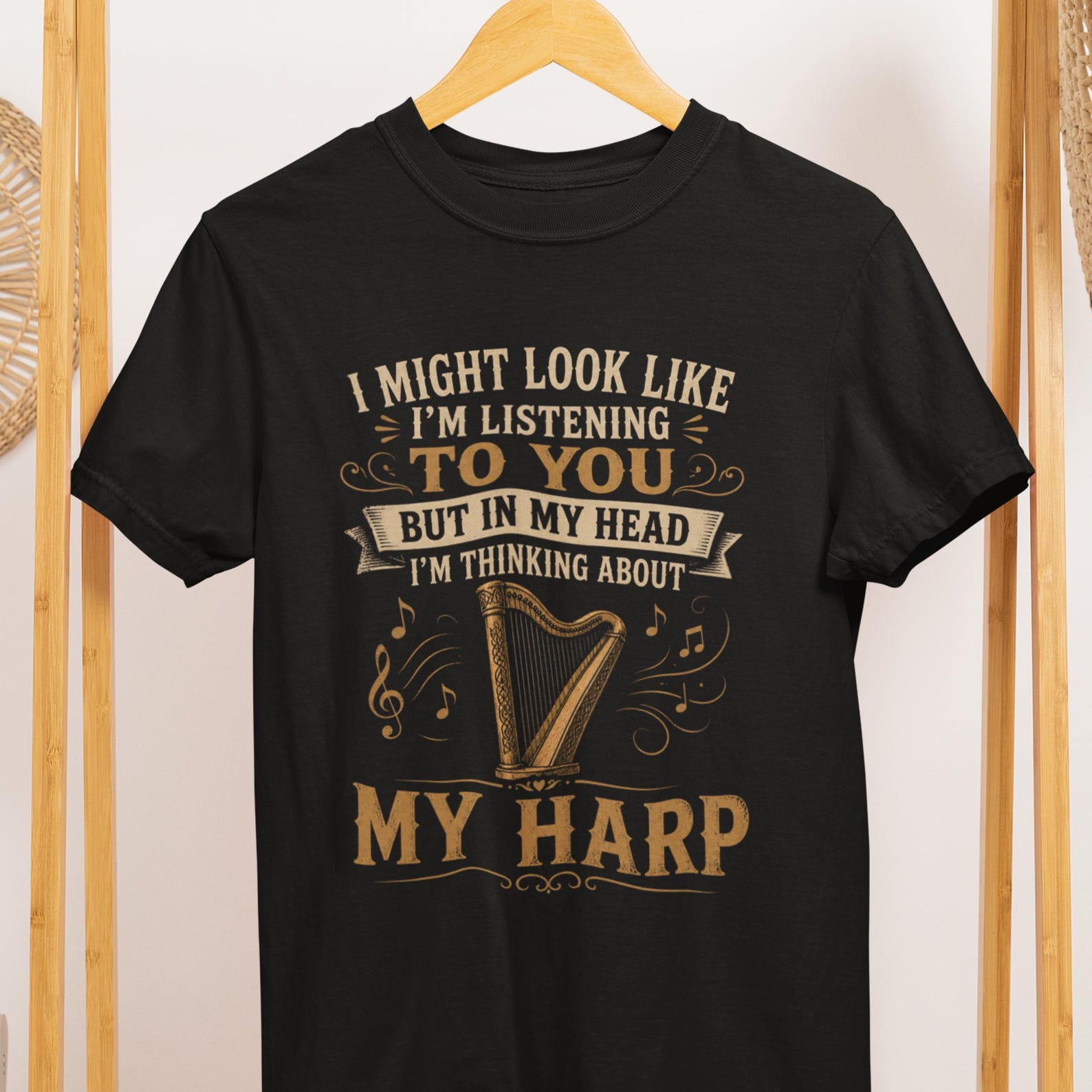 Harp Player T-Shirt, Funny Musician Gift, Thinking About My Harp Tee L