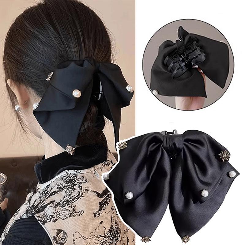 French Pearl Bow Knot Hairpin Grab Clip Hair Claw For Women Versatile Shark Clip Hair Accessories
