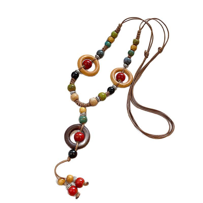 Vintage Bohemian Ethnic Ceramic Bead Pendant Necklace