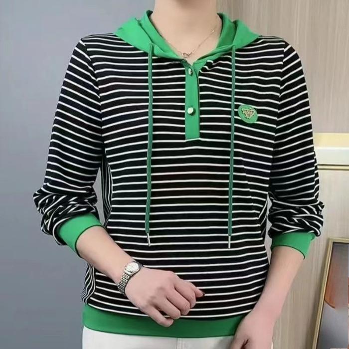 Fashion Casual All-match Thin Striped Hooded Long-sleeved Blouse Spring and Autumn Thin Sweater Women s Autumn Clothes S зелёный