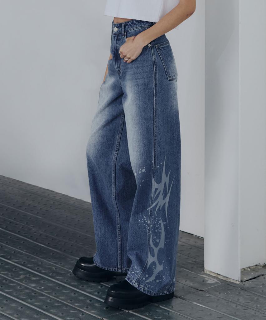 Ledeoli Graphic Print Wide Denim Pants [Black]