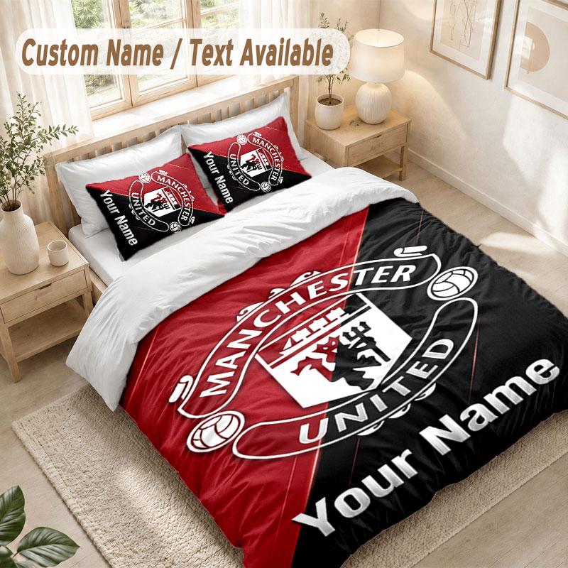 Custom Name Bedding Set 3 PiecesManchester United Print Duvet Cover + 2 Pillowcases Soft Bed Decor