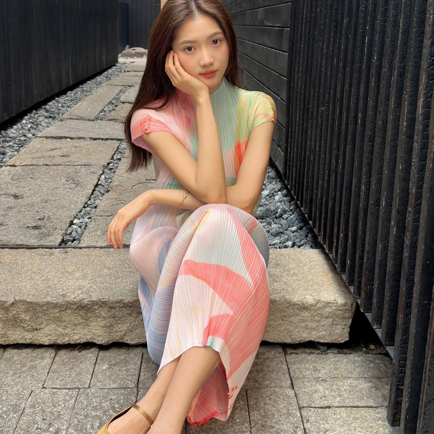 Miyake Pleated Tie-Dye Dress: Women s High-Neck, Short-Sleeve, Slimming Long Dress for Summer. One Size