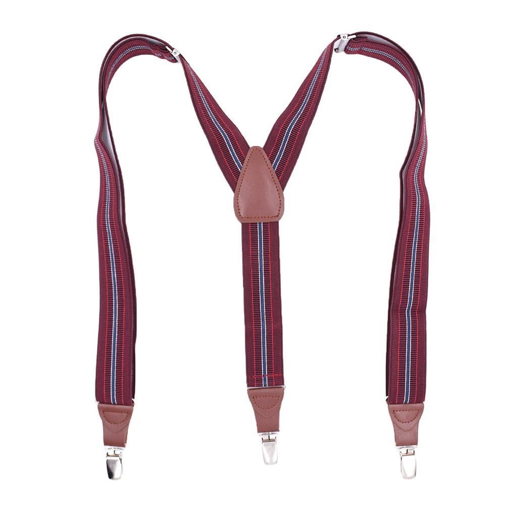Men Elastic Y-Back Suspenders Stripe Dots Pattern 3 Clips Heavy Duty Trouser Braces