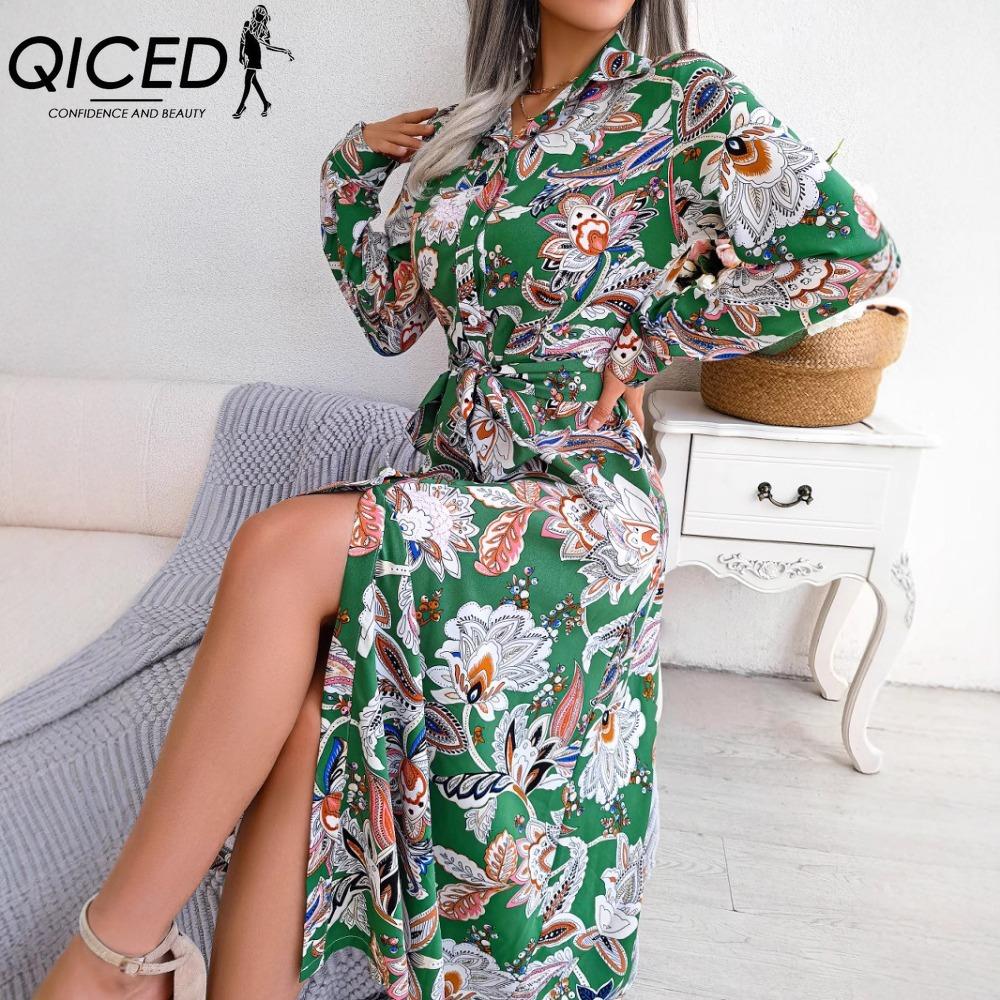 QICED Γυναικείο Ρετρό Φλοράλ Κολάρο Μακρυμάνικο Φόρεμα-Πουκάμισο για Άνοιξη Καλοκαίρι