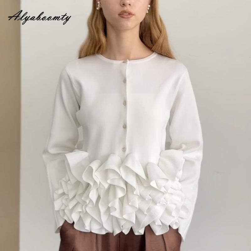 Elegantní móda Podzim Zima Dámský jednobarevný pletený kardigan Bílý Černý Růžový Volány Patchwork Úřednice Pletený svetr Sladký Dámský Hřejivý kabát