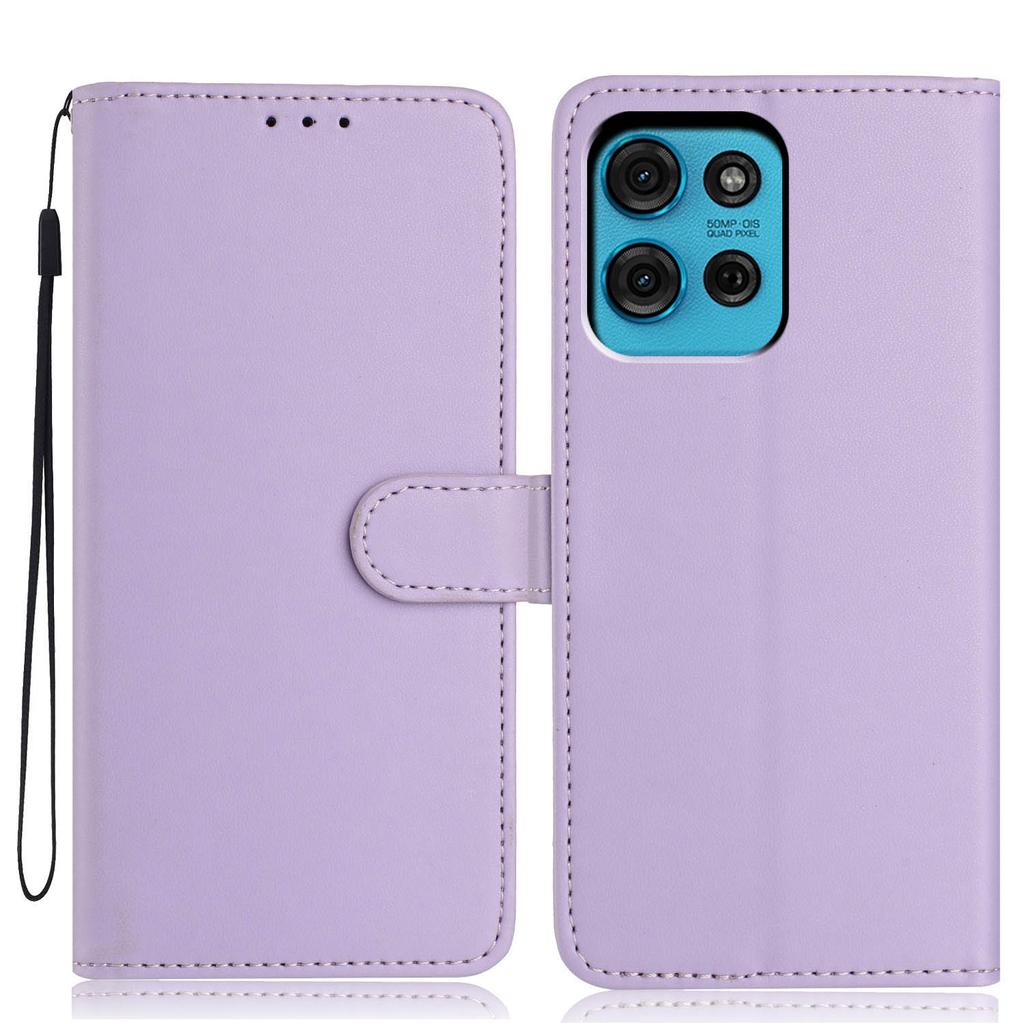 Wallet Case For Motorola Moto G 5G (2025) Solid Color Leather Stand Phone Cover with Strap/Multiple Card Slots