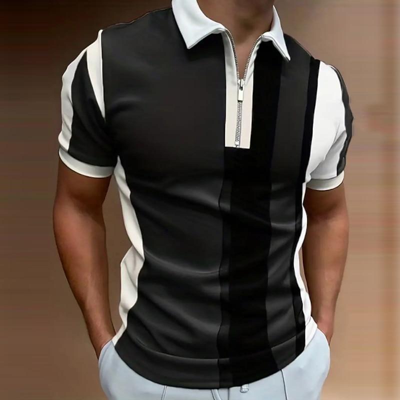 

Мужская рубашка-поло, повседневная рубашка на молнии с коротким рукавом, модная повседневная рубашка на молнии на лето и весну, стандартная посадка, рубашка с 3D серой полоской и принтом XL чёрный